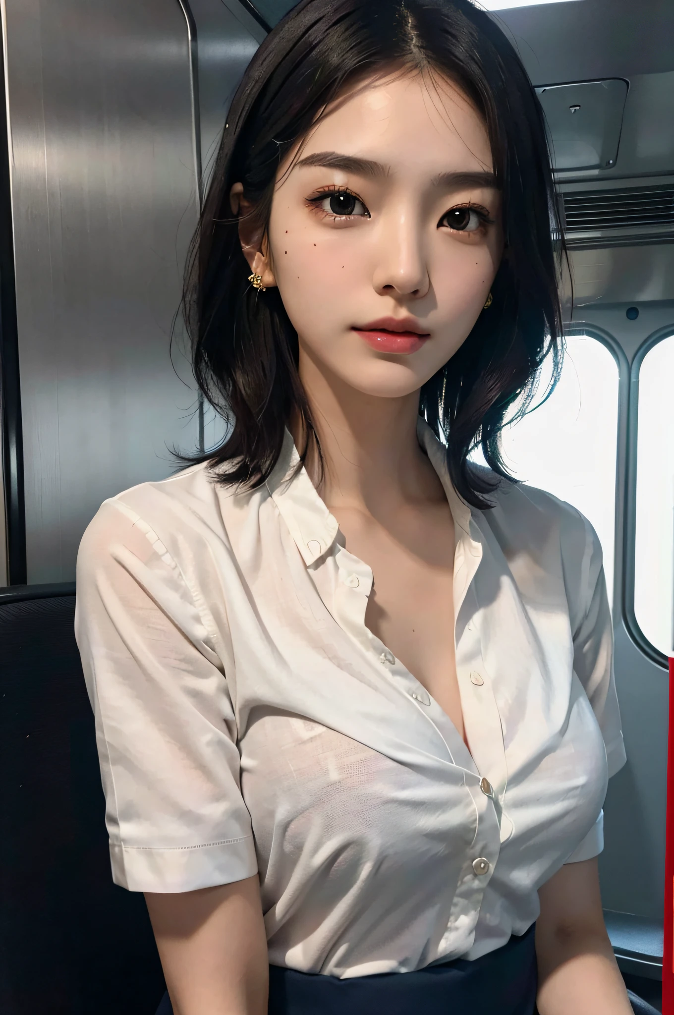 (very huge round breasts, perfect anatomy:1.3), (full body shot:1.1), (short hair, wavy hair:1.1), (Korean school uniform, summer school uniform shirt:1.4), RAW photo, extremely delicate and beautiful, masterpiece, Best Quality, ultra high resolution, 16k, hyperrealistic, ultra-detailed, Very detailed CG 8k wallpaper, Beautiful Lighting, Perfect Lightning, Realistic Shadows, super Detailed shiny skin, perfect figure, Japanese woman, late 20s, very Slim body, narrow waist, very small head, handsome detailed woman, very detailed eyes and face, realistic face proportions, Stunning detailed eyes, Realistic beautiful face, very small face, Realistic small beautiful eyes, double eyelids, makeup, tearful mole, mole on chest, earring, on the train,
