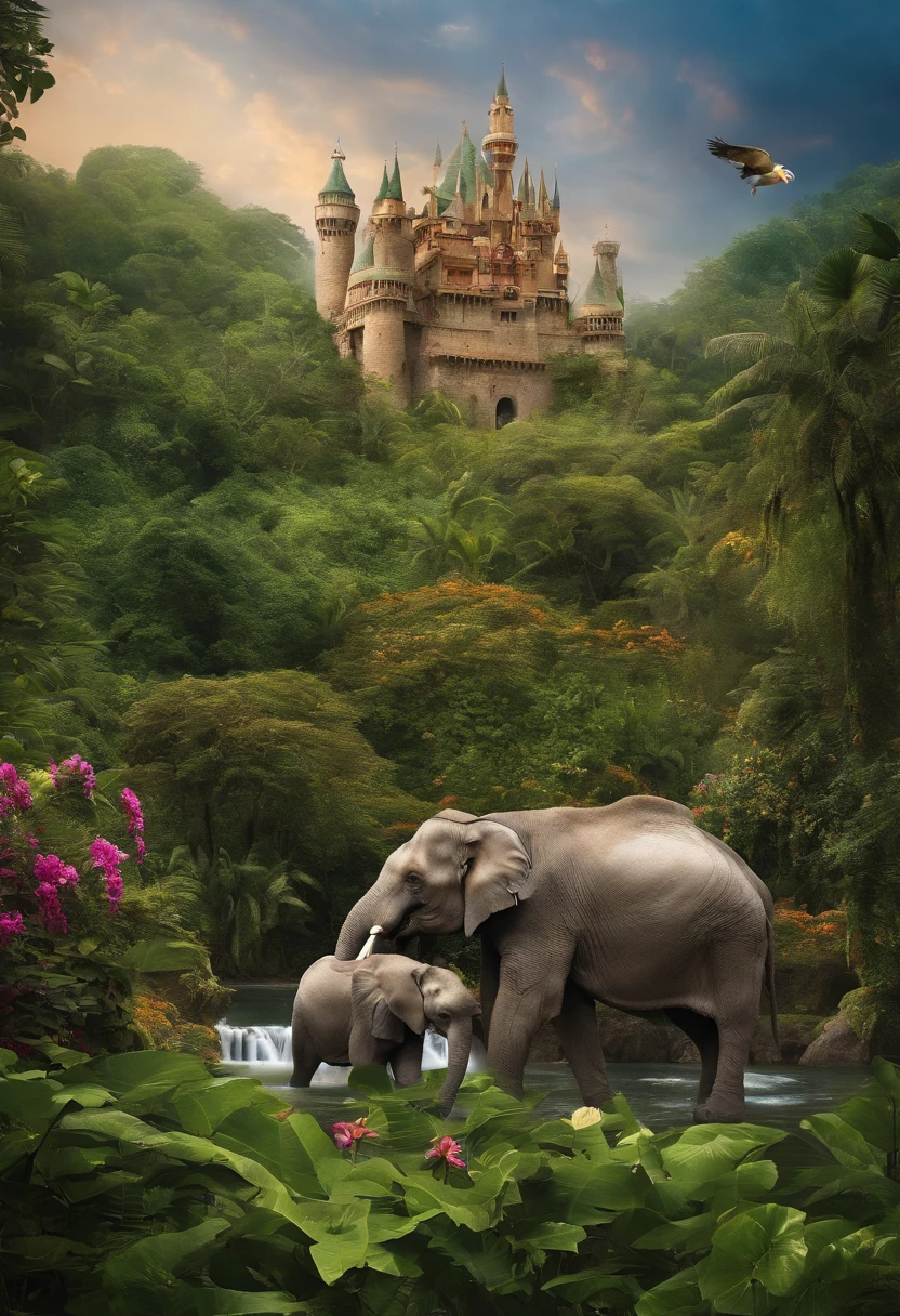 Photography of a colossal mobile structure, perched on the back of a mythical creature resembling a massive elephant, majestically traversing a vibrant jungle. The structure is a magnificent castle, adorned with lush vines and exotic flowers. The creature's immense strength and gentle demeanor create a harmonious atmosphere. The jungle is teeming with life, with colorful birds and playful monkeys adding to the enchantment of the scene. This intimate shot captures the castle's integration with the natural world, evoking a sense of unity and wonder. The photograph, with its lush colors and intimate composition, transports the viewer to a realm of fantastical imagination