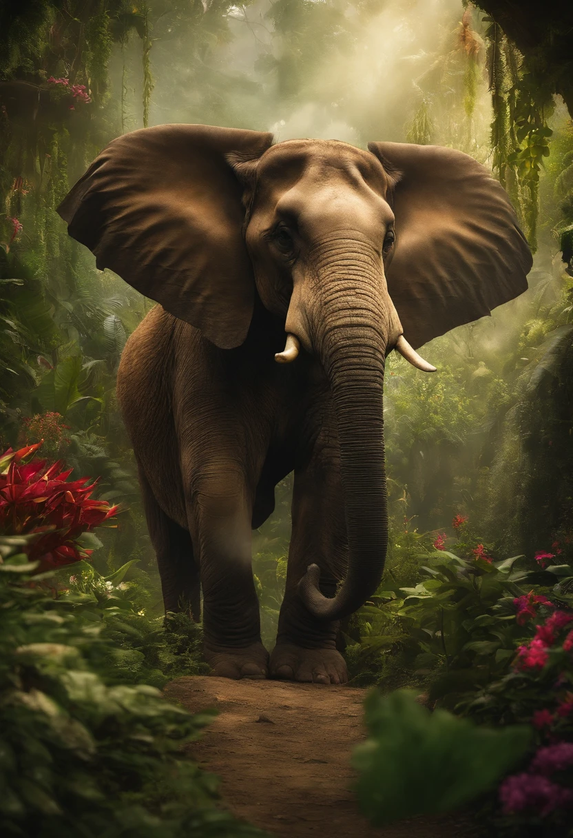 Photography of a colossal mobile structure, perched on the back of a mythical creature resembling a massive elephant, majestically traversing a vibrant jungle. The structure is a magnificent castle, adorned with lush vines and exotic flowers. The creature's immense strength and gentle demeanor create a harmonious atmosphere. The jungle is teeming with life, with colorful birds and playful monkeys adding to the enchantment of the scene. This intimate shot captures the castle's integration with the natural world, evoking a sense of unity and wonder. The photograph, with its lush colors and intimate composition, transports the viewer to a realm of fantastical imagination