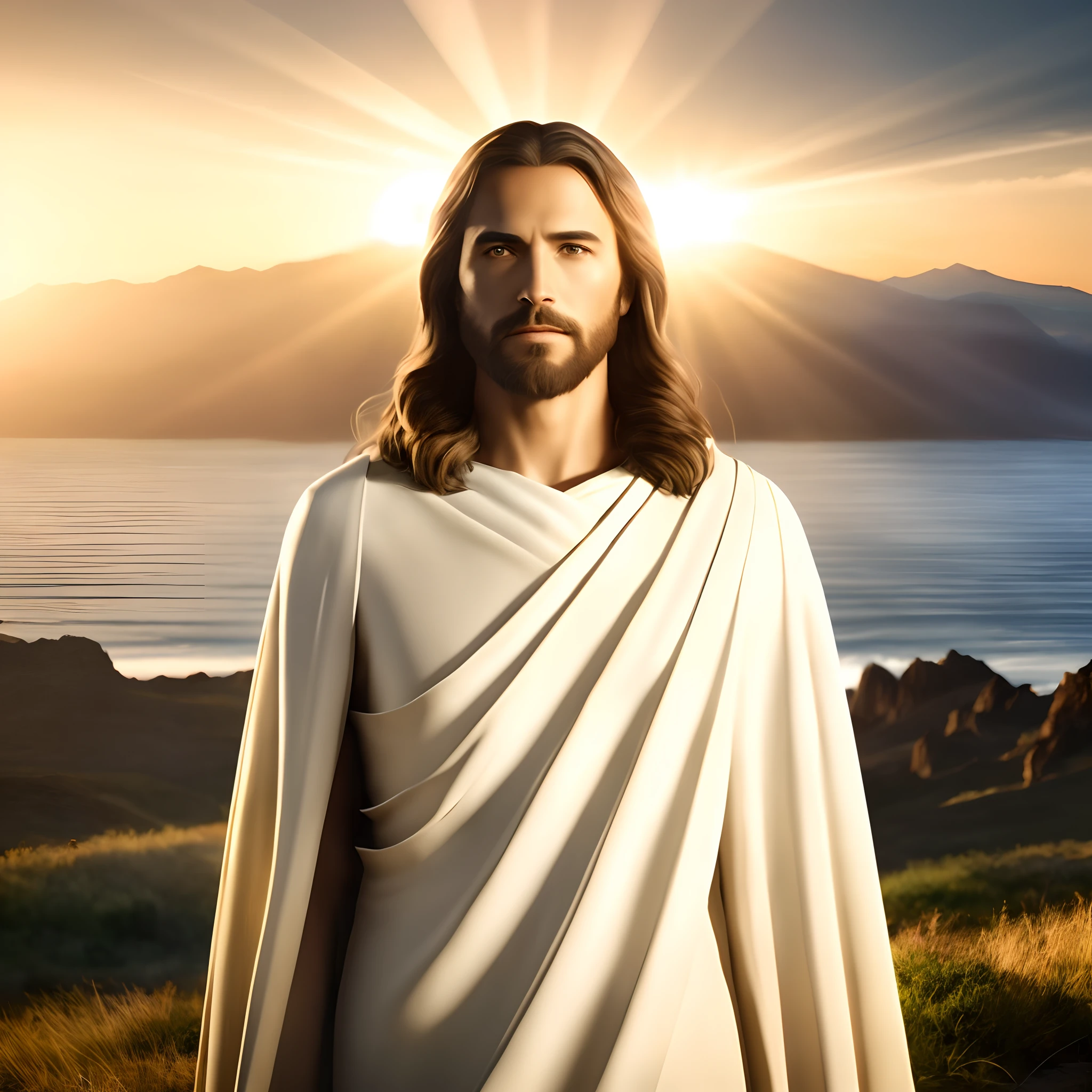 jesus standing in front of the sun with a mountain in the background, jesus christ, dressed like jesus christ, jesus of nazareth, portrait of jesus christ, jesus, the lord and savior, jesus christ in mass effect, holy sacred light rays, tron legacy jesus christ, young almighty god, god sun rays, jesus walking on water, bright light masterpiece, greg olsen