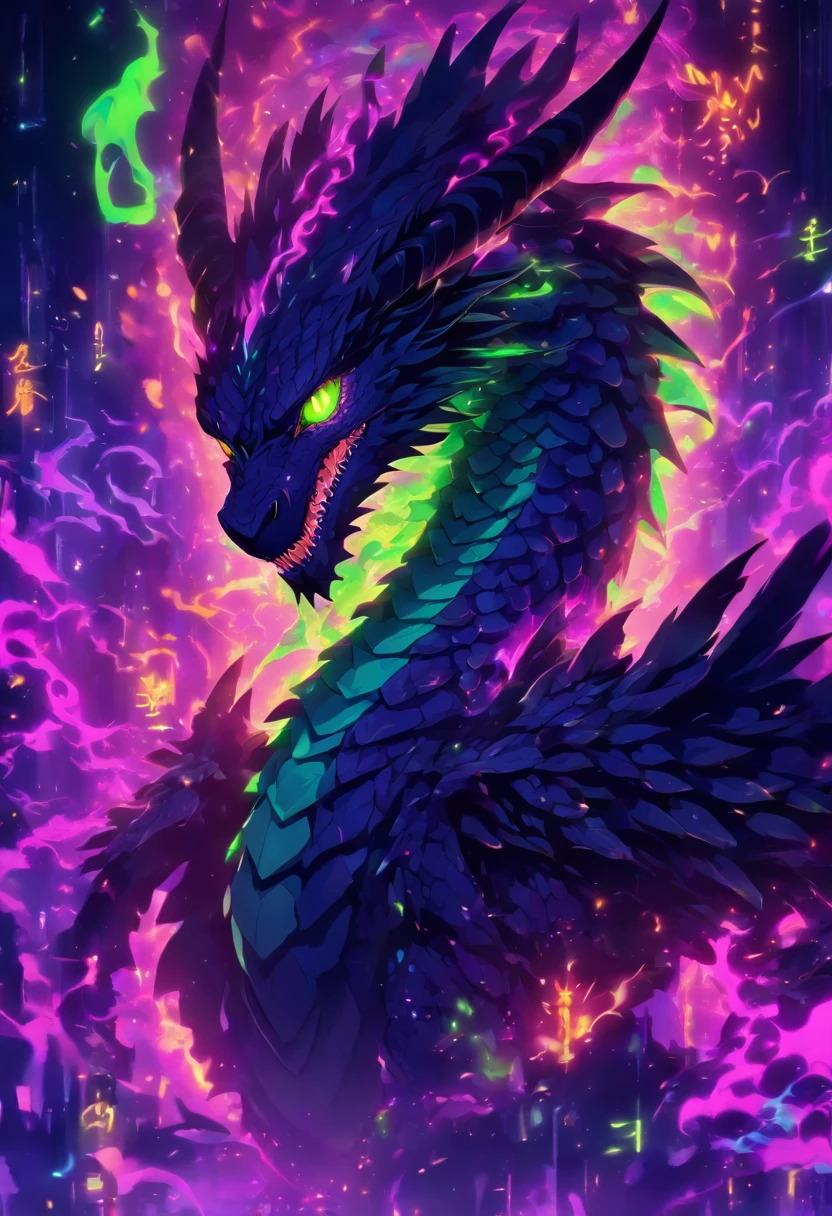 dragon, zombie, necrotic scales, black, purple, neon green, ominous glow, glowing, ghostly fire-colored eyes, wings with patterns reminiscent of interlocking computer codes, bone fragments protruding from wings, eerie aura, glowing runes like lines of programming, sharp claws, spectral hue, ethereal radiance, mythological creature,dragon ear