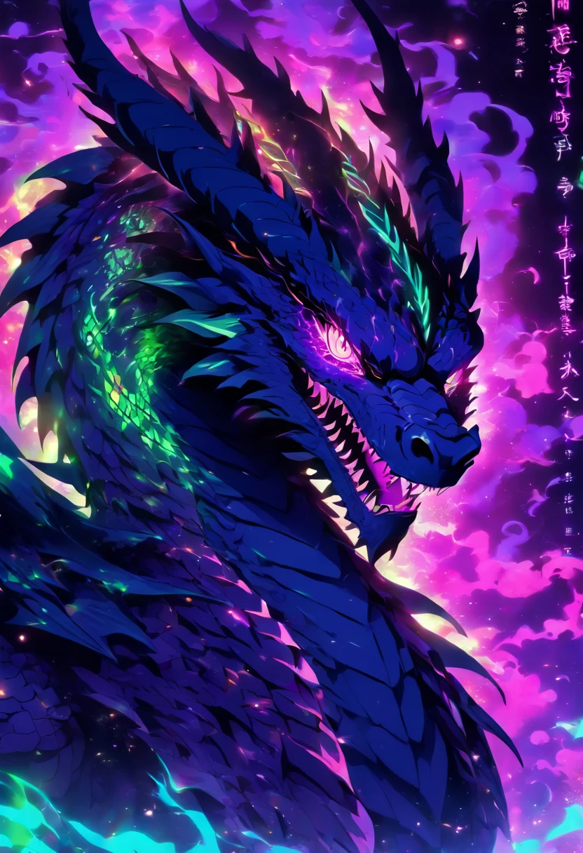 dragon, zombie, necrotic scales, black, purple, neon green, ominous glow, glowing, ghostly fire-colored eyes, wings with patterns reminiscent of interlocking computer codes, bone fragments protruding from wings, eerie aura, glowing runes like lines of programming, sharp claws, spectral hue, ethereal radiance, mythological creature,dragon ear