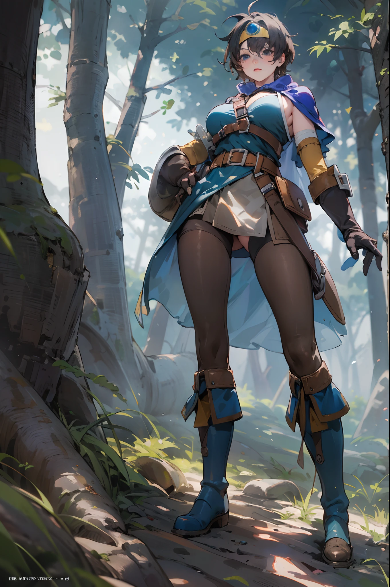 (((Top Quality: 1.4))),(Unparalleled Masterpiece), (Ultra High Definition),(Ultra-Realistic 8k CG),official art, (sheathed weapon on back:1.2), roto (dq3), 1girl, solo, short hair, brown hair, blue eyes, circlet, large breasts, cleavage, strapless, blue dress, purple cape, thighhigh boots, elbow gloves, boots, belt, scabbard,, knee boots, in dark forest,