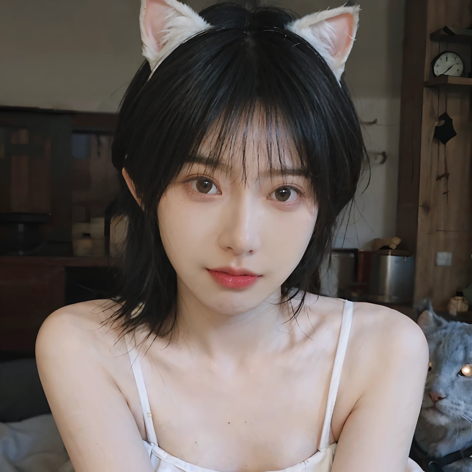 8K,NSFW、Park at night、(((whitish hair))) 、undersized head、White hair、Best Quality, masutepiece, Ultra High Resolution, (Realism: 1.4), Original photo, Colors inspired by orange、(True skin texture: 1.3), (Film grain: 1.3), Beautiful eyes and face details, masutepiece, Best Quality, close up, Full body, Look at the viewer,Orange ribbon、Shortcuts cut with gray hair、18year old、White cat ears