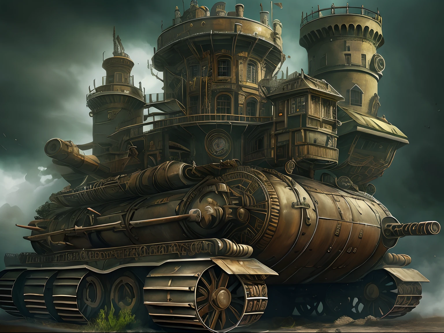 Master parts,best qualityer,Fotorrealista,Best shade,delicate,..primitive,超高分辨率,ultra realistic art,Gallery-grade works,offcial art,super high precision,the visual stunning shock,Sublime masterpiece,Peak clarity,1 column of giant tanks,On the tank is a castle,Tall structures,Dark clouds rise disorderly from the castle chimneys,Shrouded this castle,Huge steampunk building,(The city was guarded by soldiers),