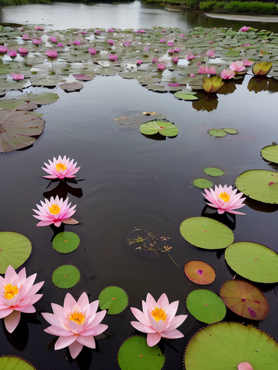 Super realistic lotus flowers at dusk, lotuses, lotuses, lotus flowers on the water, Lotus pond, lotus petals, water lilies, standing gracefully upon a lotus, water lily mat, serene colors, waterlily pond, with lotus flowers, water lily mat, details and vivid colors, Pink Lotus Queen, lillis, water lilies