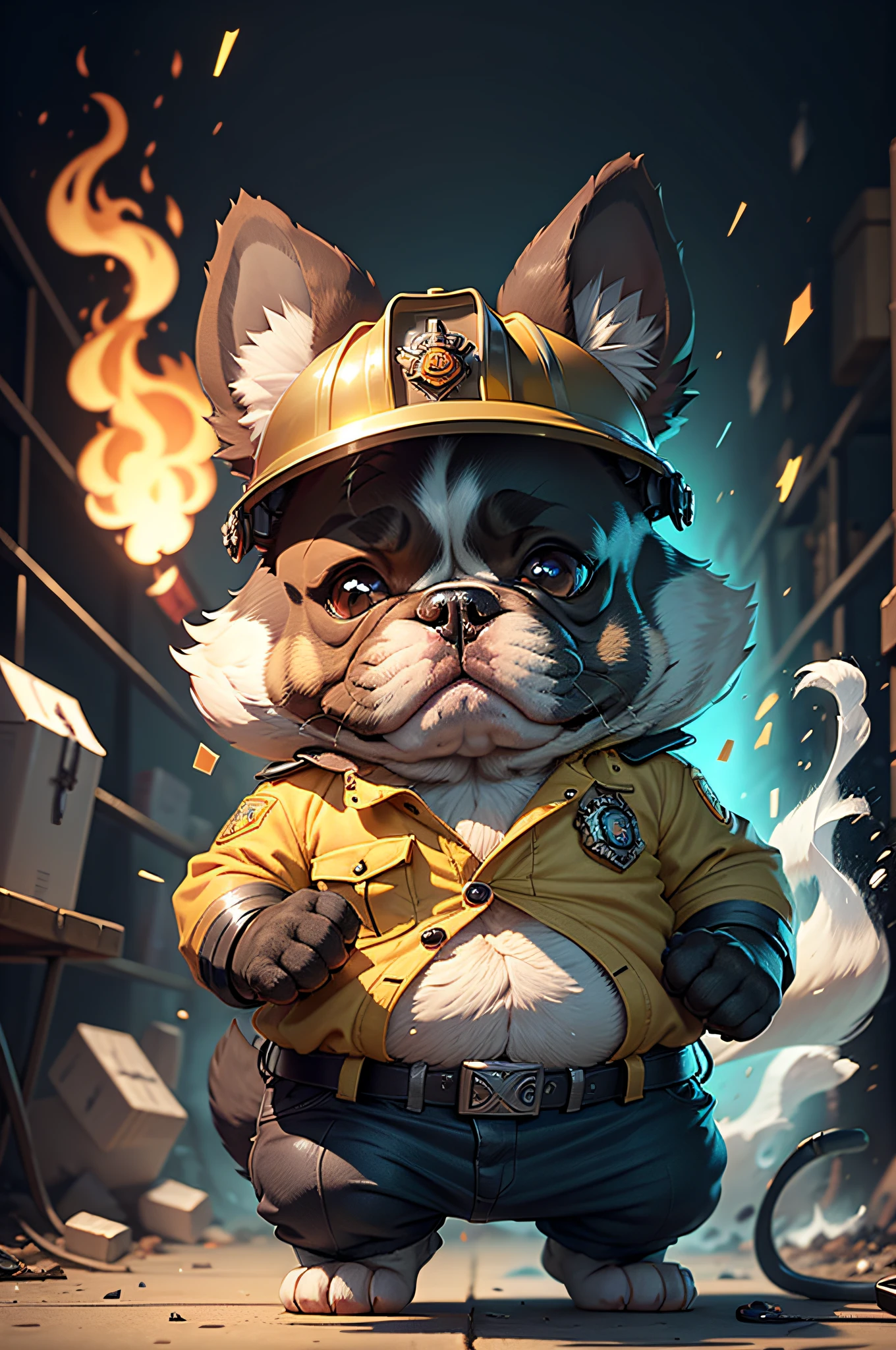 C4tt4stic, Firefighter cartoon french bulldog dog in firefighter uniform and helmet fighting fire(Body hair is black、The specifics of the appearance of the French Bulldog、Saggy ears)、Fire truck in the background