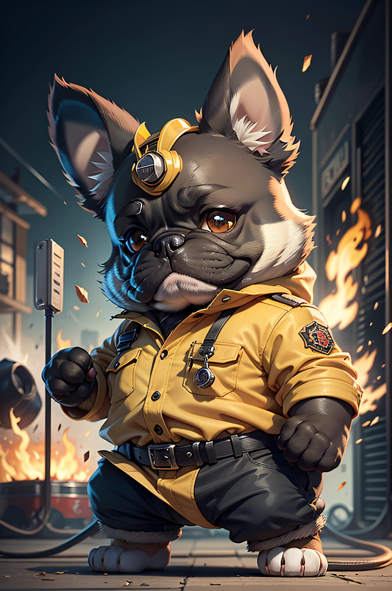 C4tt4stic, Firefighter cartoon french bulldog dog in firefighter uniform and helmet fighting fire(Body hair is black、The specifics of the appearance of the French Bulldog、Saggy ears)、Fire truck in the background