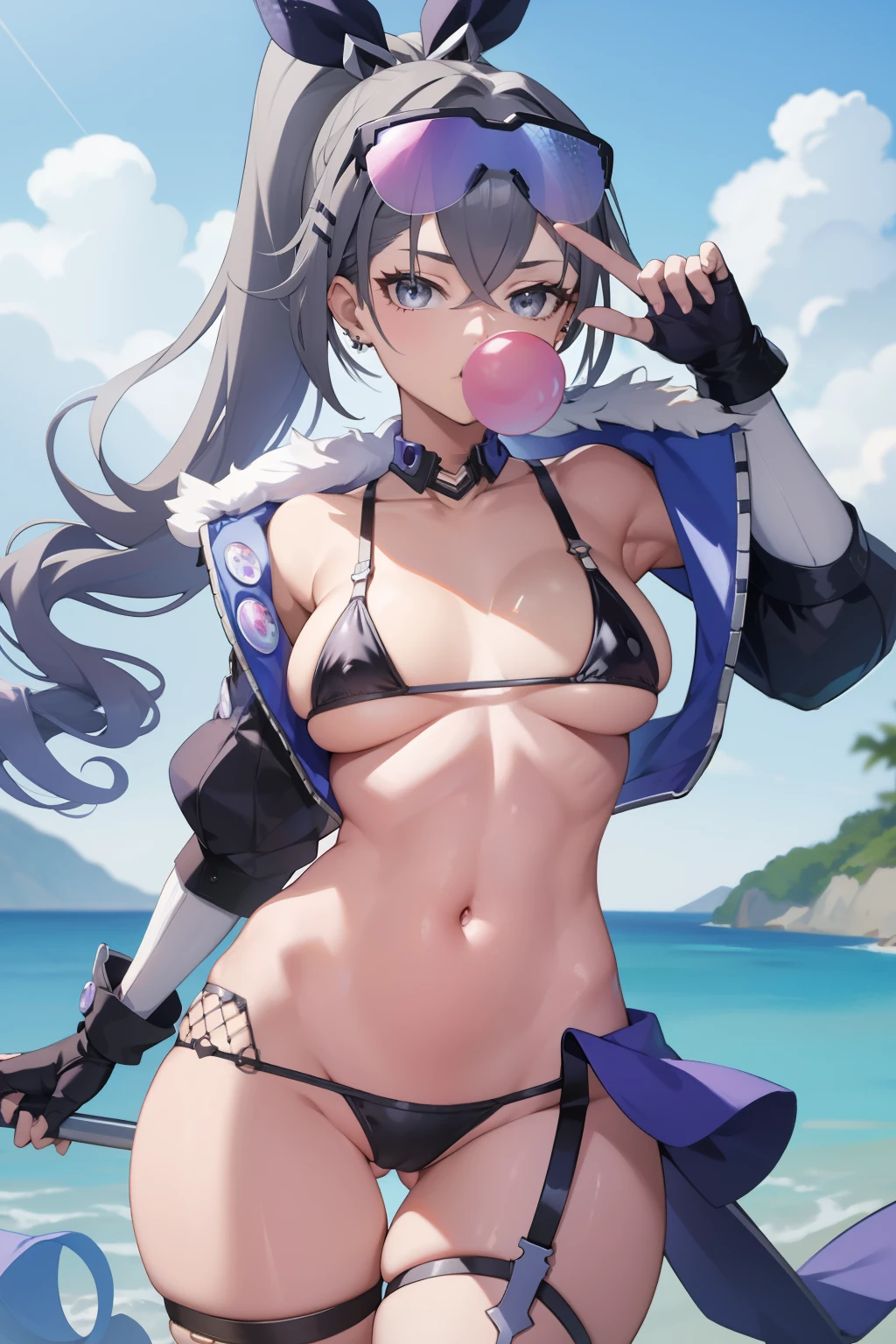 masterpiece, best quality, SilverwolfV5, 1girl, solo, looking at viewer, hair ornament, gloves, navel, cleavage, jewelry, medium breasts, hair ribbon, thighs, earrings, choker, black gloves, hairclip, midriff, fingerless gloves, armpits, stomach, thigh strap, sunglasses, fishnets, eyewear on head, micro bikini, bubble blowing, chewing gum,