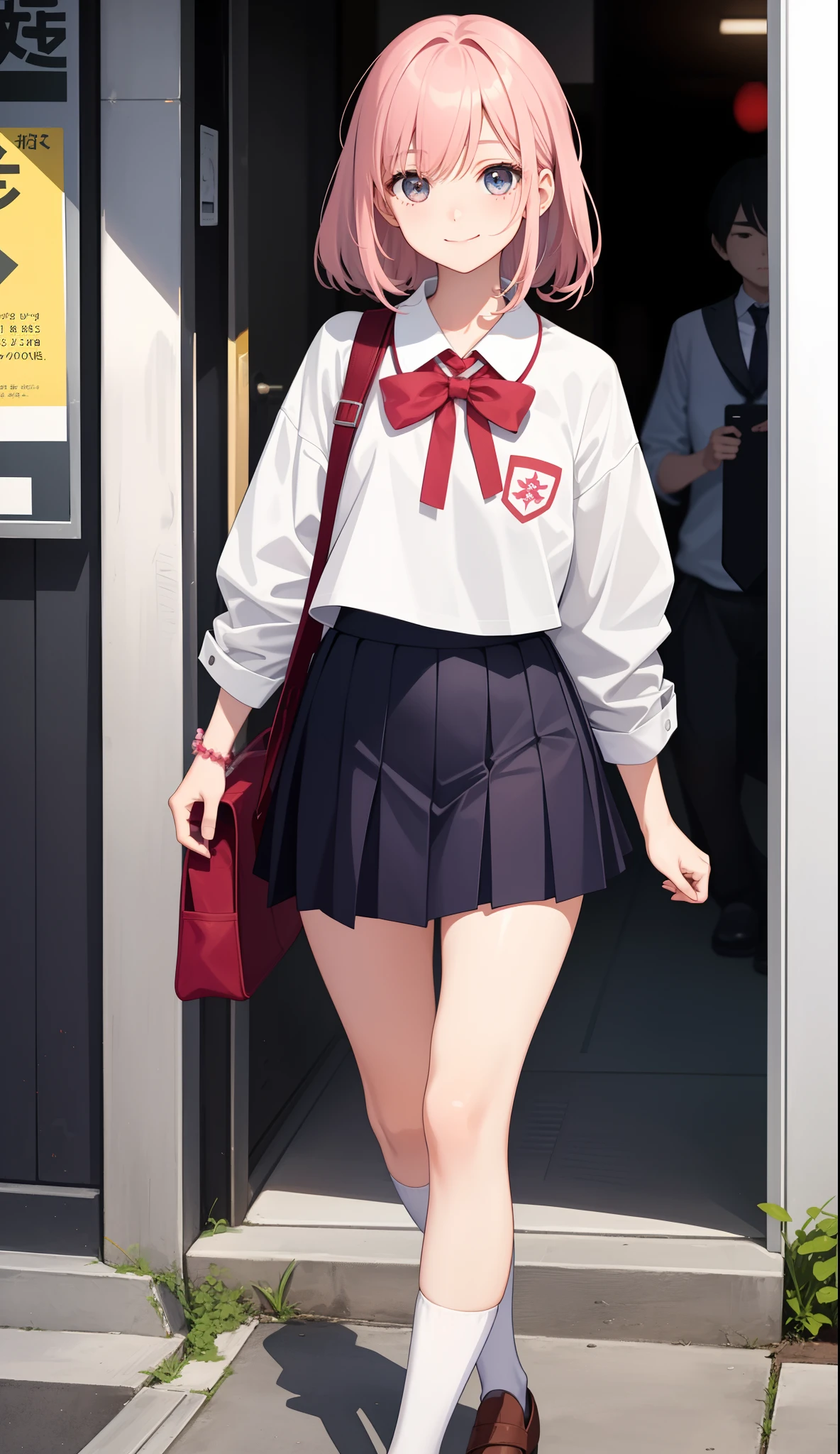 1girl in、AS-Adult、A smile、The shirt、skirt by the、(small tits)Japan High School、校服、serafuku、Walking with a thigh、Upper body portrait、