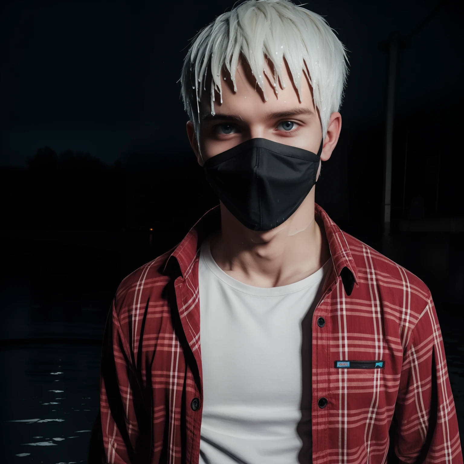 male posing, sweatpants, skinny body, atmospheric, cute face, yellow white hair, mask, dead inside, plaid shirt, red lighting, river, wet clothing, wet body