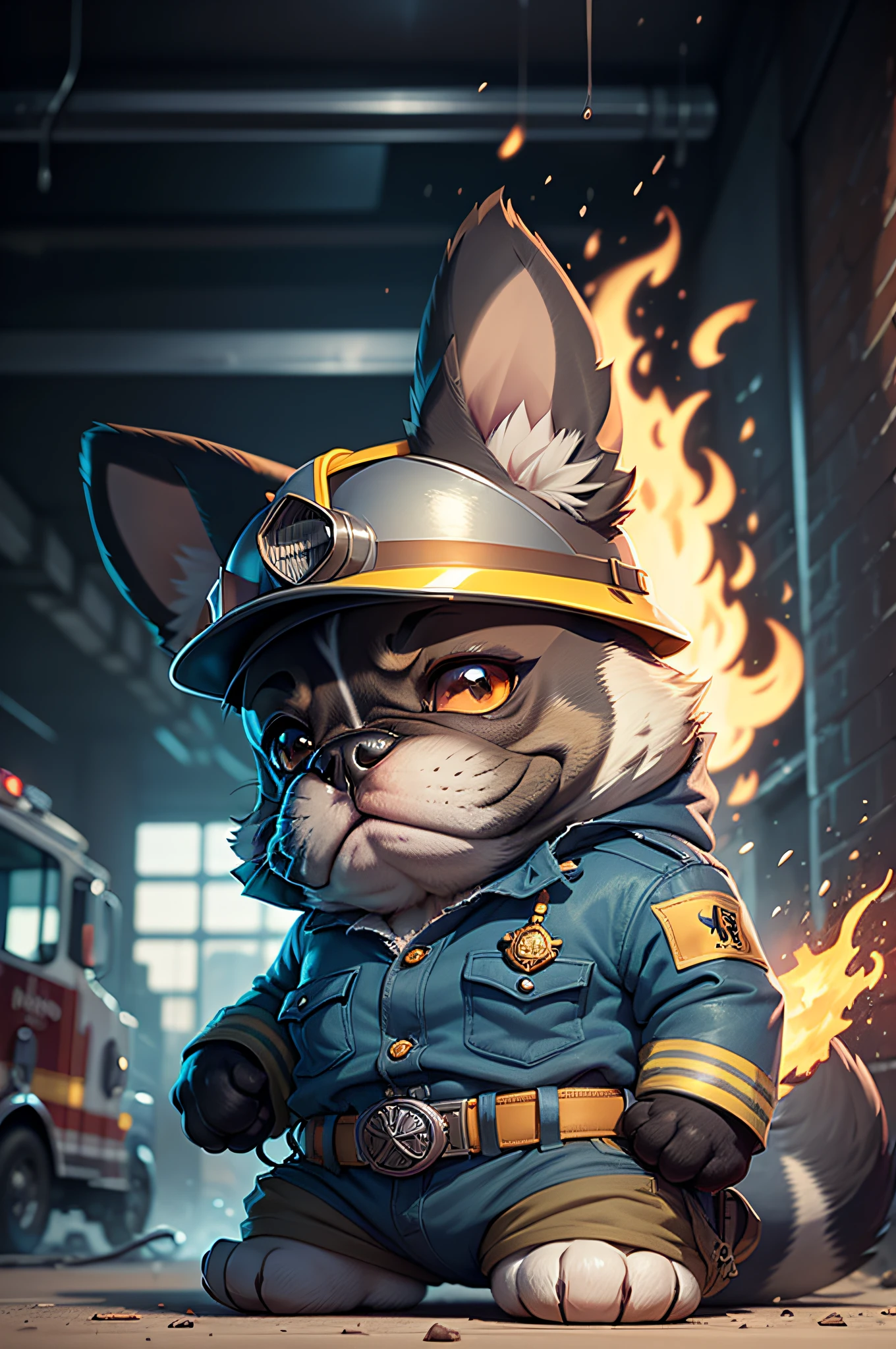 C4tt4stic, Firefighter cartoon french bulldog dog in firefighter uniform and helmet fighting fire（Body hair is black、The specifics of the appearance of the French Bulldog、Saggy ears）、Fire truck in the background