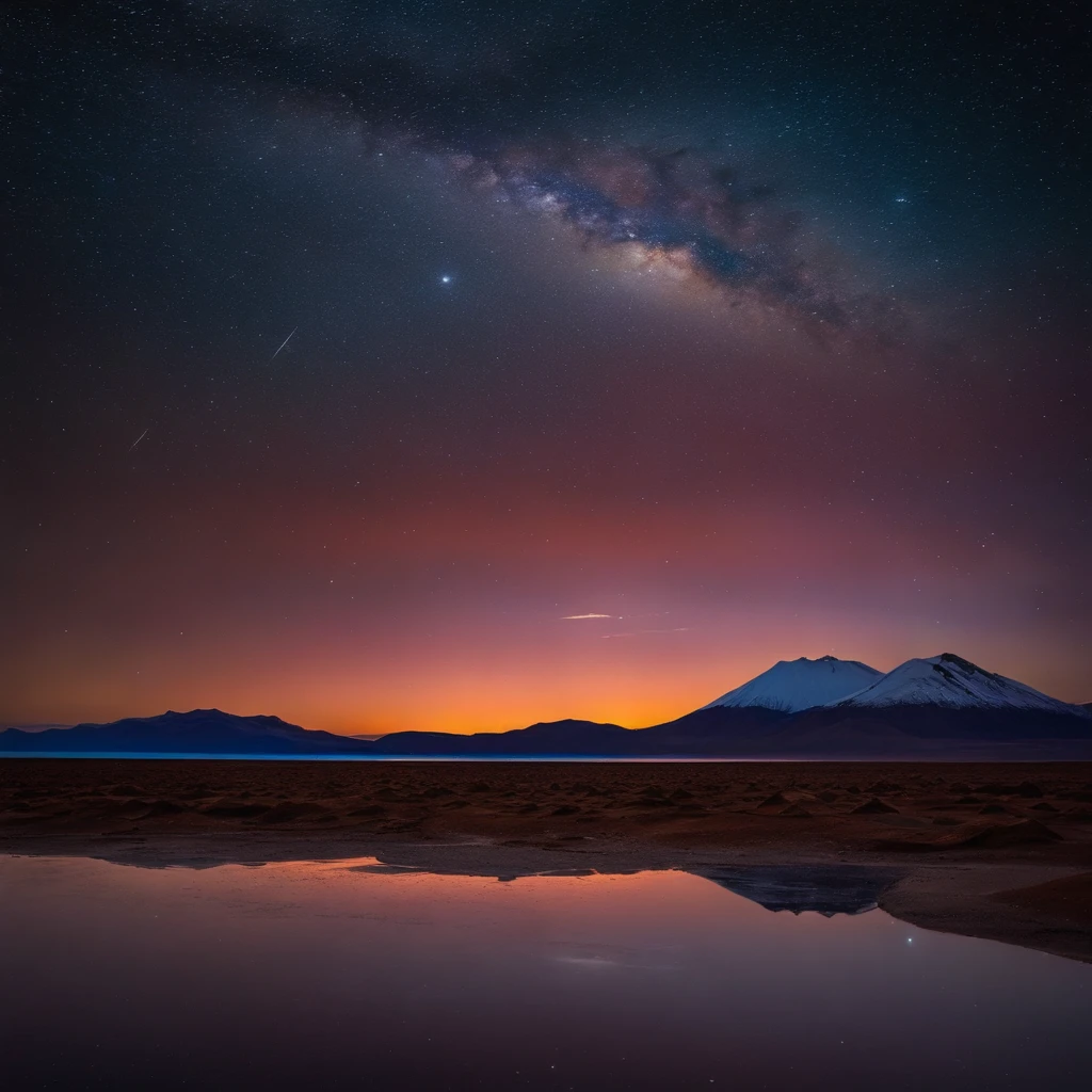 Beautiful pictures of the starry sky、magnifica、milkyway:1.25、Large body of water with clouds in the sky, At Salar de Uyuni, Amazing reflections of the sky, Incredible reflections, beautiful reflection, stunning photo, epic and stunning, Crossing the horizon, Red Aurora Borealis:1.25