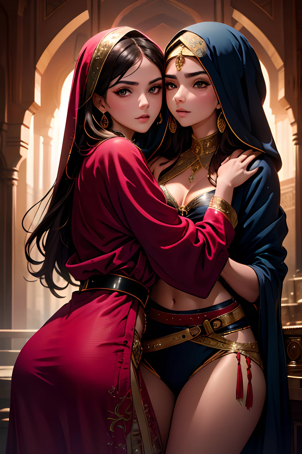 Mavtan Moroccan Islamic surreal super detail,model shoot,two girls,duo,Dynamic pose,leering,(Dream belt,Dream robes,Fantastic ribbons),Hug and touch each other,Biting a friend's earlobe, Hug each other from behind, Touch your friend's chest from below,