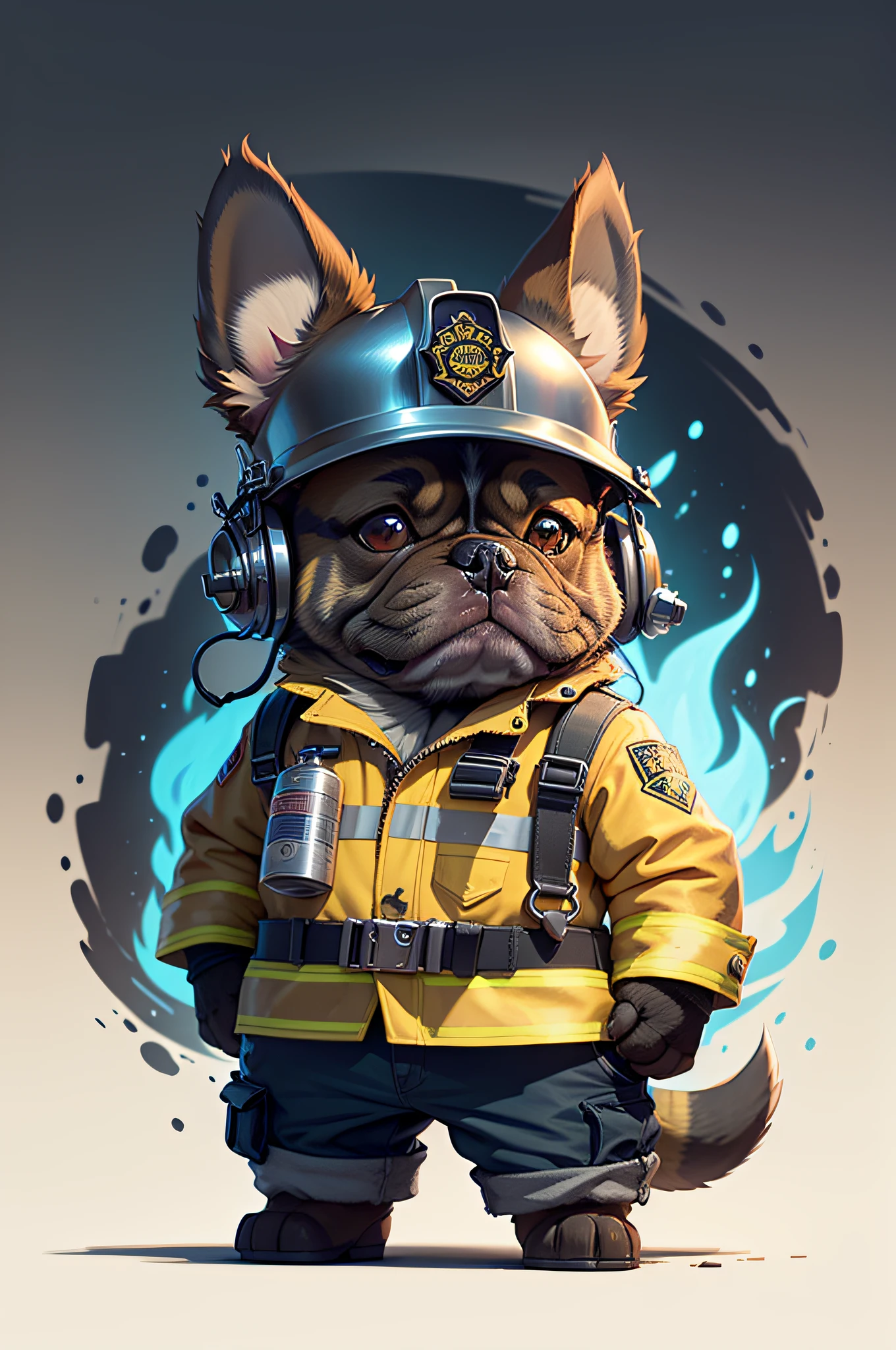 C4tt4stic, Cartoon French bulldog dog in American firefighter uniform and helmet(Body hair is black、The specifics of the appearance of the French Bulldog、Saggy ears)、In the background, a fire truck is parked on the side.
