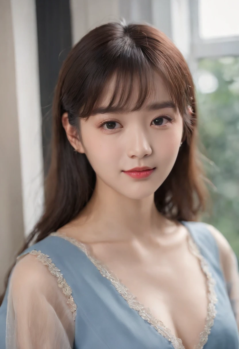 top-quality, Photorealsitic, masterpiece, 8K, Hi-Res, 独奏, 1girl, (((infp young woman))),sixteen years old、full bodyesbian、(small tits), ((Look at viewers)), (look at a camera), ((Various hairstyles close to long))、Perfect straight black hair、((With bangs))、 (profetional lighting), Highly detailed bright face、Gentle Japan girl、Nice smiling face、Blue T-shirt(long-sleeve)、Checked pleated skirt、Standing in the room