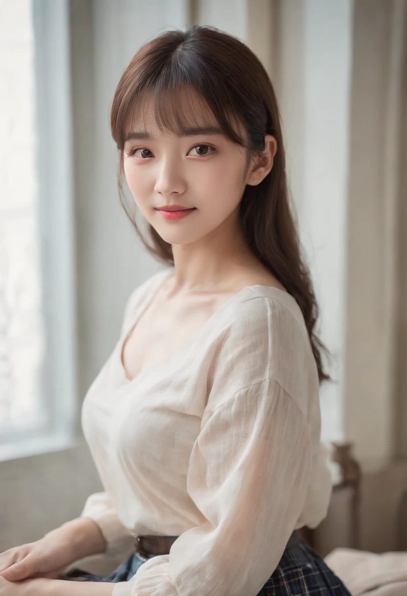 top-quality, Photorealsitic, masterpiece, 8K, Hi-Res, 独奏, 1girl, (((infp young woman))),sixteen years old、full bodyesbian、(small tits), ((Look at viewers)), (look at a camera), ((Various hairstyles close to long))、Perfect straight black hair、((With bangs))、 (profetional lighting), Highly detailed bright face、Gentle Japan girl、Nice smiling face、Blue T-shirt(long-sleeve)、Checked pleated skirt、Standing in the room