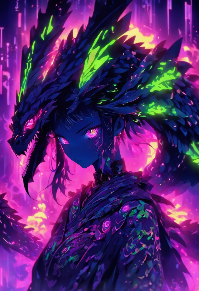 dragon girl, zombie, necrotic scales, black, purple, neon green, ominous glow, glowing, ghostly fire-colored eyes, wings with patterns reminiscent of interlocking computer codes, bone fragments protruding from wings, eerie aura, glowing runes like lines of programming, sharp claws, spectral hue, ethereal radiance, mythological creature,dragon ear