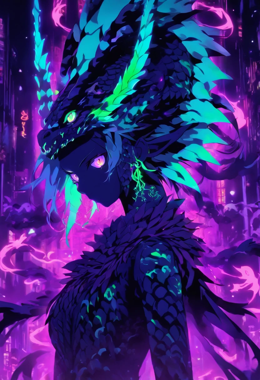 dragon girl, zombie, necrotic scales, black, purple, neon green, ominous glow, glowing, ghostly fire-colored eyes, wings with patterns reminiscent of interlocking computer codes, bone fragments protruding from wings, eerie aura, glowing runes like lines of programming, sharp claws, spectral hue, ethereal radiance, mythological creature,dragon ear