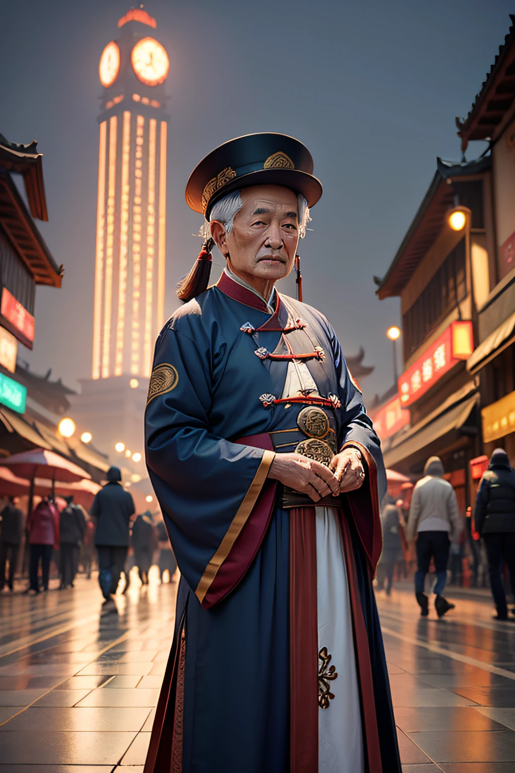 Xi'an,Hanfu,having fun,the clock tower,A old man