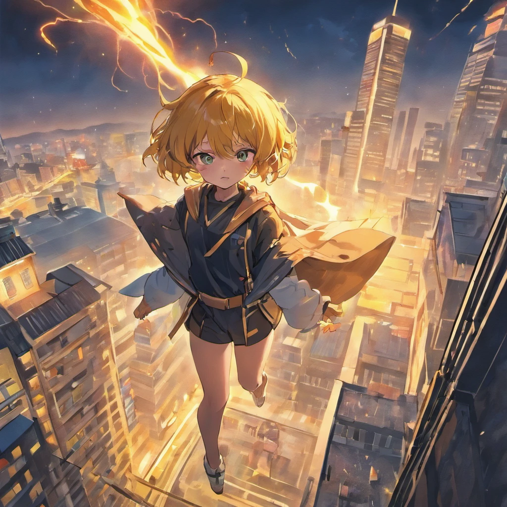 com cabelo curto loiro, olhos amarelos, wearing long pants, capuz preto, Usando o Lightning Magic, on top of the building