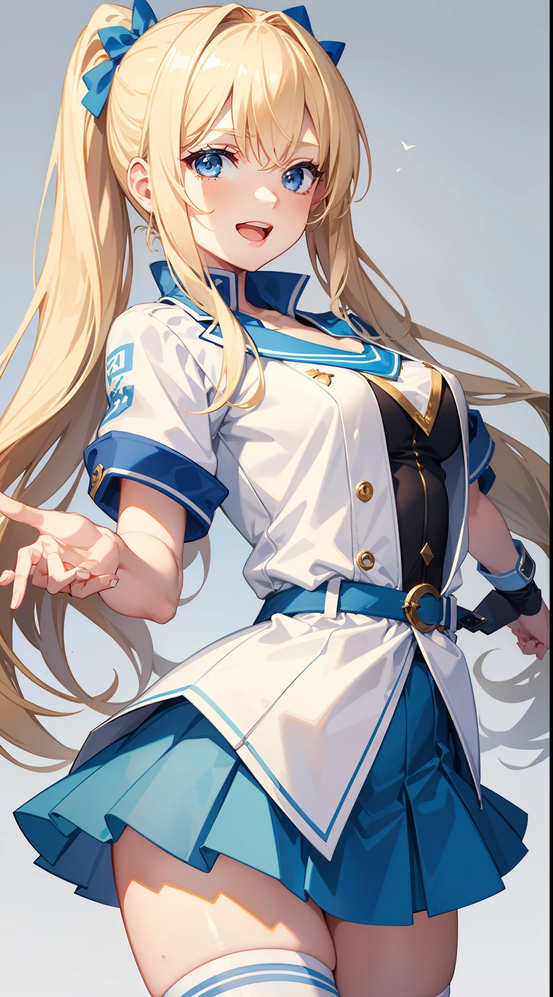 young girl, longue blonde hair, Two ponytails, blue eyes, White jacket, short sleeves, blue tight top, Blue skirt, pantyhouse, Smile, open mouth, Masterpiece, hiquality, 4k, HD, Good detail
