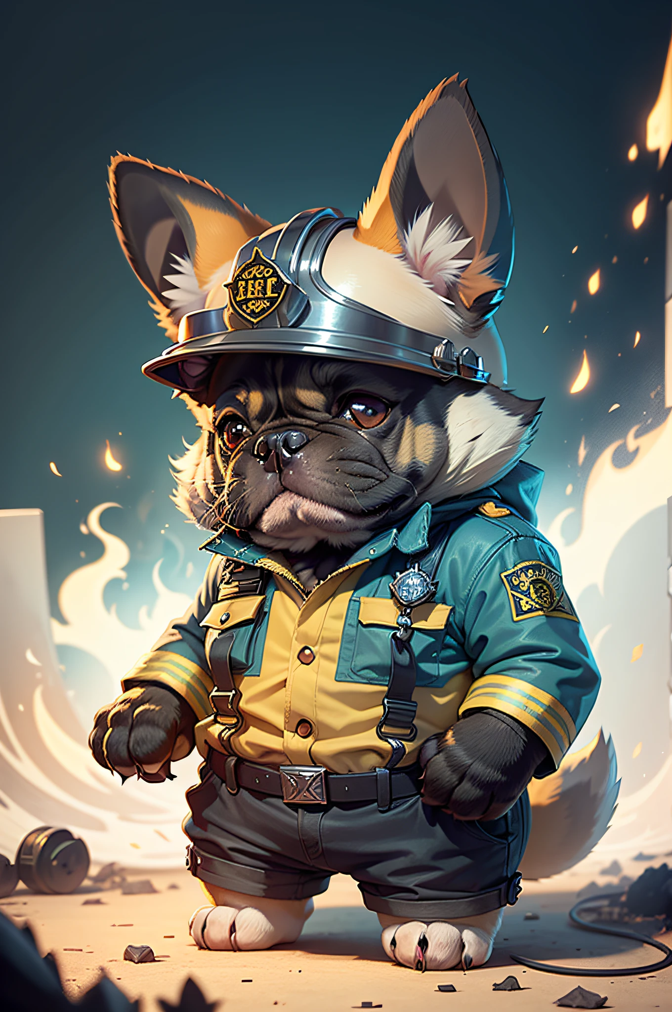 C4tt4stic, Cartoon French bulldog dog in American firefighter uniform and helmet(Body hair is black、The specifics of the appearance of the French Bulldog、Saggy ears)、In the background, a fire truck is parked on the side.