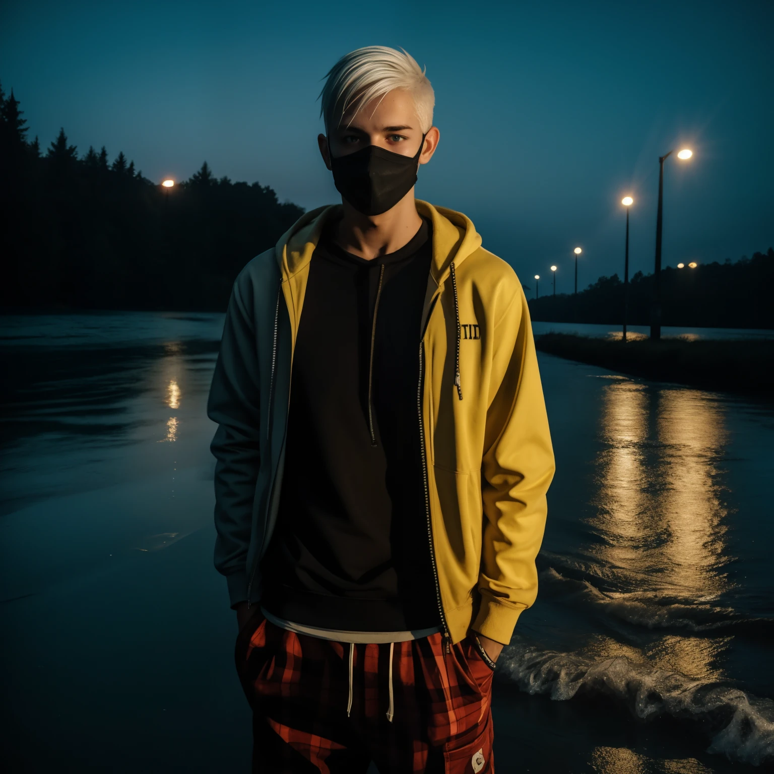 male posing, sweatpants, skinny body, atmospheric, cute face, yellow white hair, mask, dead inside, plaid shirt, red lighting, river, wet clothing, wet body