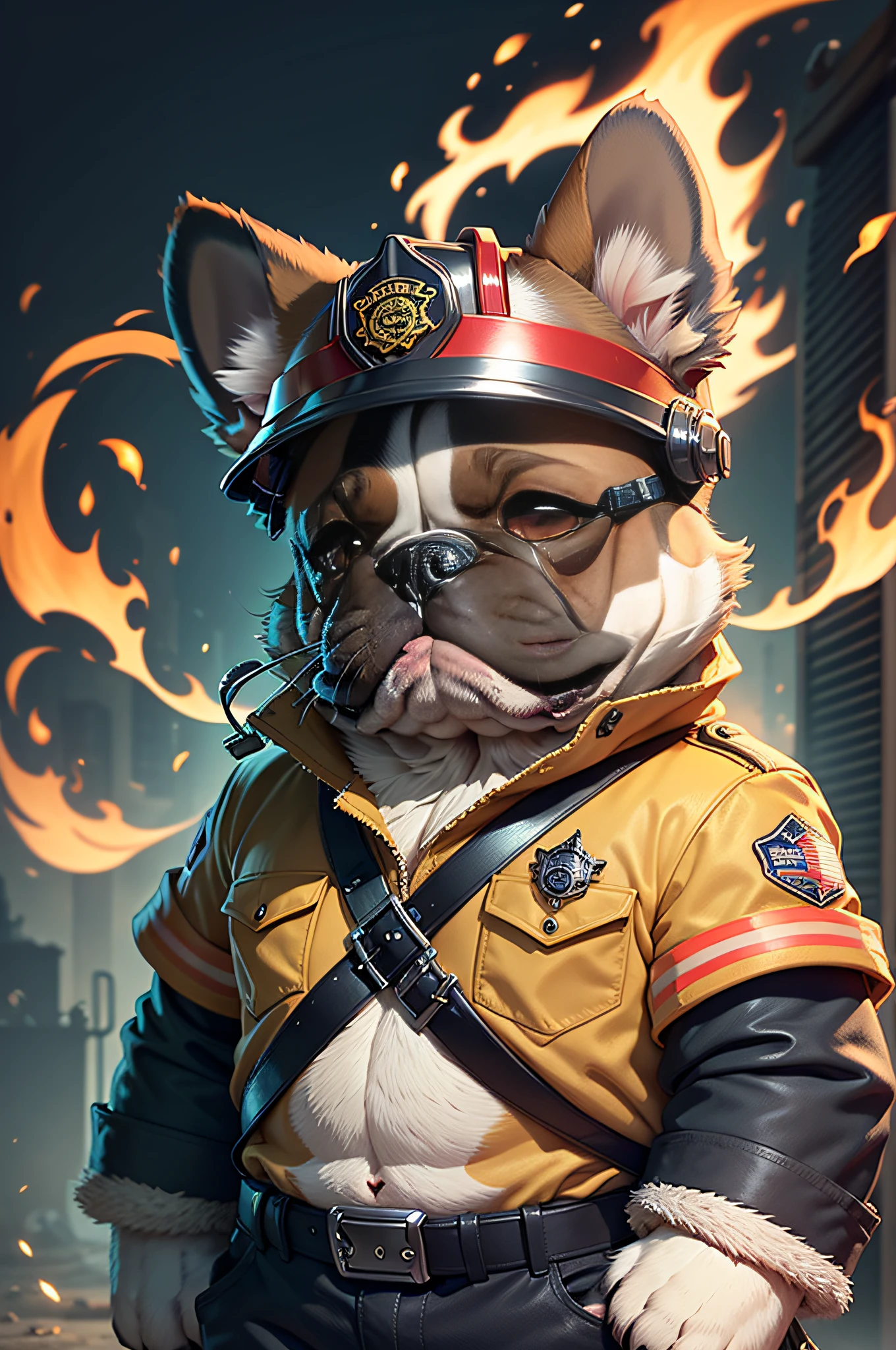 C4tt4stic, Cartoon French bulldog dog in red uniform and helmet of American firefighter(Body hair is black、The specifics of the appearance of the French Bulldog、Saggy ears)、Fire truck in the background