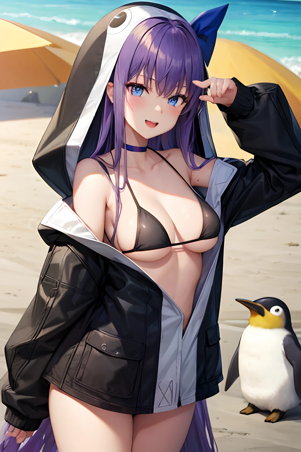 1人、Animal food、bangss、bare shoulders、The bikini、Black Bikini、Black jacket、blue bow、blue eyess、red blush、the bow、breastsout、a choker、鎖骨、hoods、Breeding food、jaket、length hair、long-sleeve、looking at viewert 、Penguin Food、Purple hair、swim wears、thighs thighs thighs thighs、Super long hair、Eau、masterpiece、top-quality、Naughty big、large full breasts、Smile with open mouth