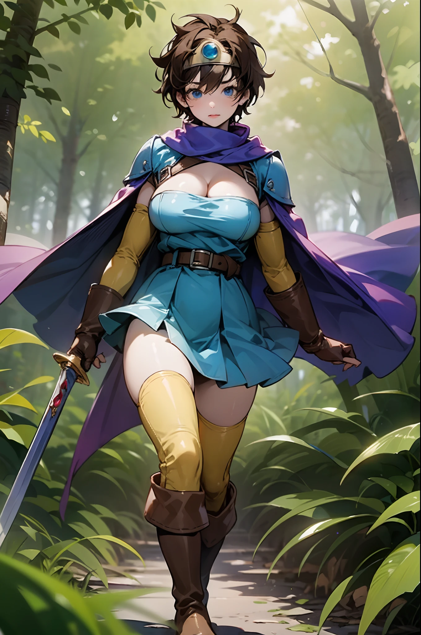 (((Top Quality: 1.4))),(Unparalleled Masterpiece), (Ultra High Definition),(Ultra-Realistic 8k CG),official art, (sheathed weapon on back:1.2), roto (dq3), 1girl, solo, short hair, brown hair, blue eyes, circlet, large breasts, cleavage, strapless, blue dress, purple cape, thighhigh boots, elbow gloves, boots, belt, scabbard,, knee boots, in dark forest,