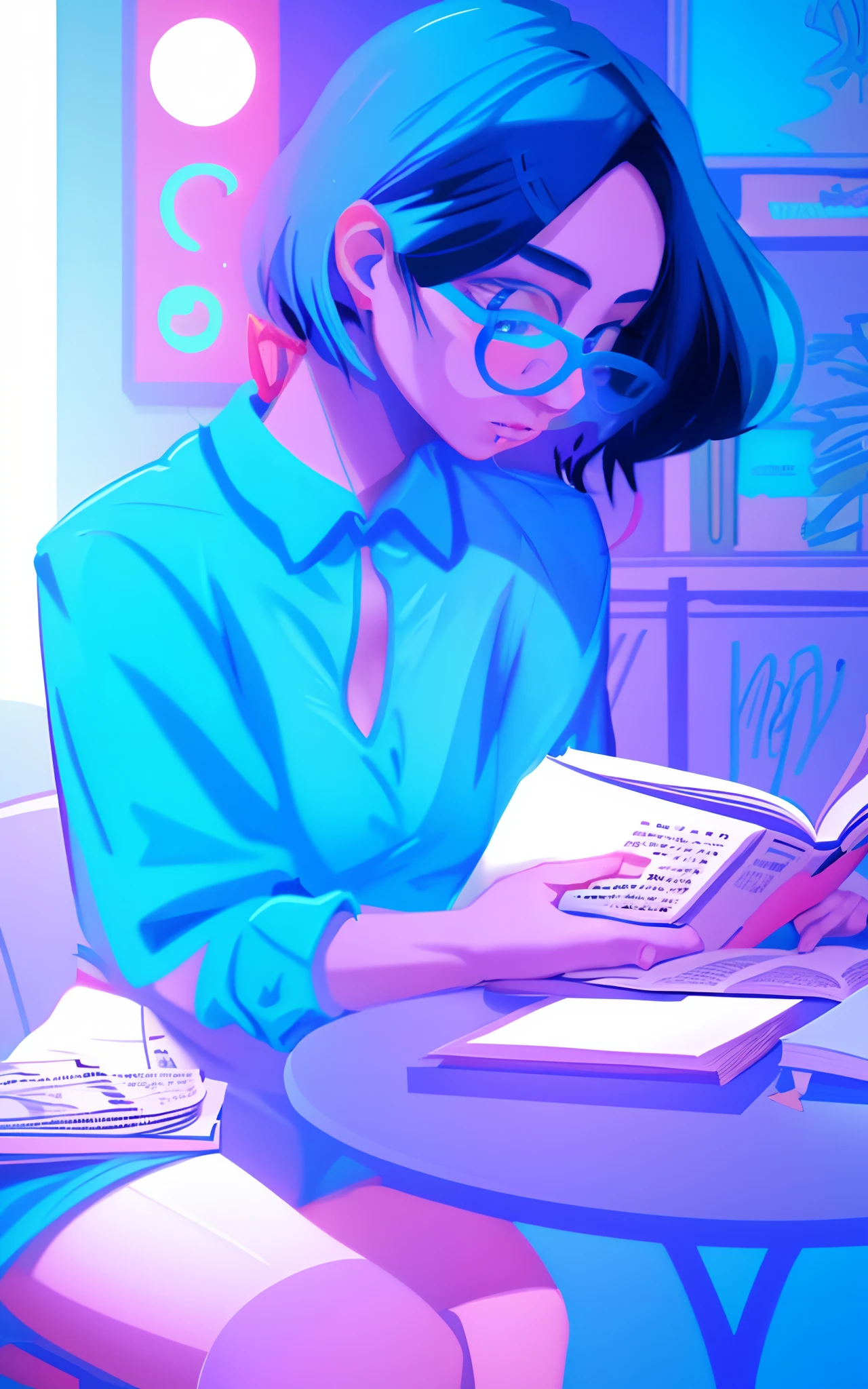 a woman with blue hair and glasses sitting at a table reading a book, illustration style, book illustration, lo-fi illustration style, illustration!, lofi girl, book portrait, inspired by Emiliano Ponzi, reading a book, 2d illustration, 2 d illustration, in style of digital illustration, librarian, illustrative style, lofi portrait, reading new book