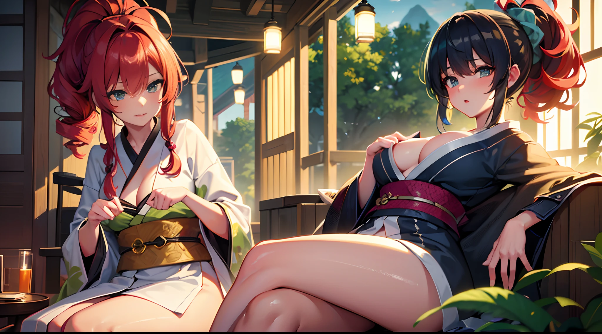 masterpiece, lots of detail, 4k, 8k, ((ultra-detailed)), highres, soft lighting, 2girls, festival, kimono, open clothes, {red hair|green hair|black hair|blue hair}, {ponytail|short hair|long hair|curly hair}