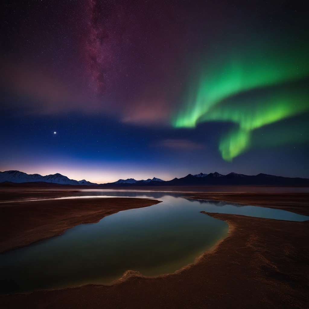 Beautiful pictures of the starry sky、magnifica、milkyway:1.25、Large body of water with clouds in the sky, At Salar de Uyuni, Amazing reflections of the sky, Incredible reflections, beautiful reflection, stunning photo, epic and stunning, Crossing the horizon, Red Aurora Borealis:1.25