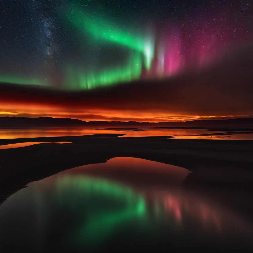 Beautiful pictures of the starry sky、magnifica、milkyway:1.25、Large body of water with clouds in the sky, At Salar de Uyuni, Amazing reflections of the sky, Incredible reflections, beautiful reflection, stunning photo, epic and stunning, Crossing the horizon, Red Aurora Borealis:1.25