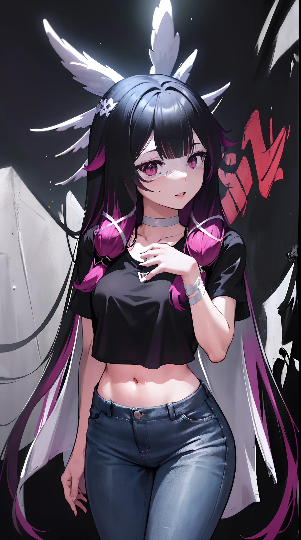 Columbuna | genshin impact, master-piece, bestquality, 1girls,25 years old, proportional body, elongated legs, Beautiful, proportional., crop top, Long Jeans, mediuml breasts, ,bara, crop top, choker, (Graffiti:1.5), Splash with purple lightning pattern., arm behind back, against wall, View viewers from the front., Thigh strap, Head tilt, bored,(NSTDA.:1.2), (10, beste-Qualit, master-piece: 1.4), Beautiful red hair, ultra-high resolution, (lifelike, photorealistic portrait: 1.48), 20 age, Cute Girl, (Looking Through Crop Tops.), Famous Japanese actors, beautiful clear eyes, Head tilt, cowboy shot, from the front, looking at the audience, expressionless, Beautiful lake, Zeiss 150mm F/ 2.8 Hasselblad,  Whole body, foot, Ultra-Wide Angle,