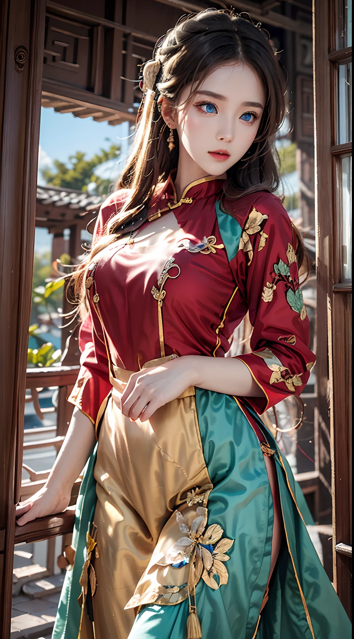 photorealistic, high resolution, soft lights, 1women, solo, hips up, (blue eyes, long hair), vietnamese traditional, yellow aodai