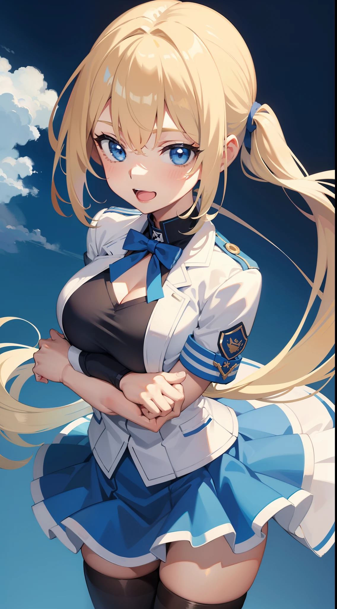 young girl, longue blonde hair, Two ponytails, blue eyes, White jacket, short sleeves, blue tight top, Blue skirt, pantyhouse, Smile, open mouth, Masterpiece, hiquality, 4k, HD, Good detail