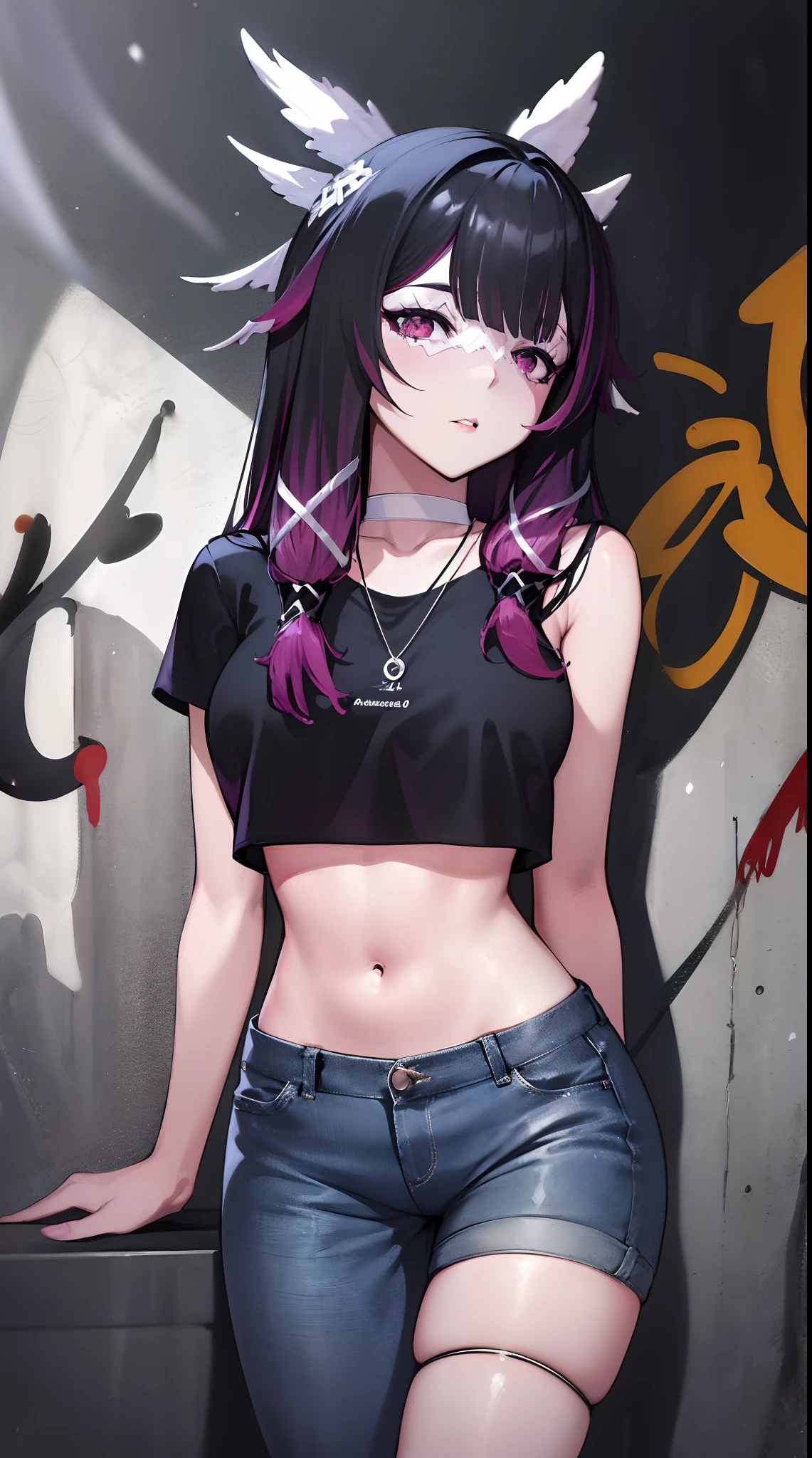 Columbuna | genshin impact, master-piece, bestquality, 1girls,25 years old, proportional body, elongated legs, Beautiful, proportional., crop top, Long Jeans, mediuml breasts, ,bara, crop top, choker, (Graffiti:1.5), Splash with purple lightning pattern., arm behind back, against wall, View viewers from the front., Thigh strap, Head tilt, bored,(NSTDA.:1.2), (10, beste-Qualit, master-piece: 1.4), Beautiful red hair, ultra-high resolution, (lifelike, photorealistic portrait: 1.48), 20 age, Cute Girl, (Looking Through Crop Tops.), Famous Japanese actors, beautiful clear eyes, Head tilt, cowboy shot, from the front, looking at the audience, expressionless, Beautiful lake, Zeiss 150mm F/ 2.8 Hasselblad,  Whole body, foot, Ultra-Wide Angle,