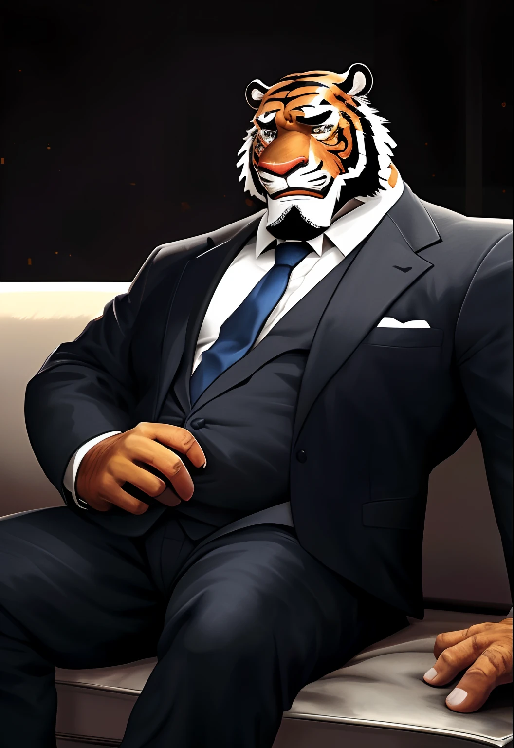 A furry bara anthro Tiger with a Dad body and belly and beard, wearing a Suit and a Steel wristwatch on his left hand, with his in his left hand, while wearing suit and a blue tie, sitting on a couch, . low light, furry 2D art style