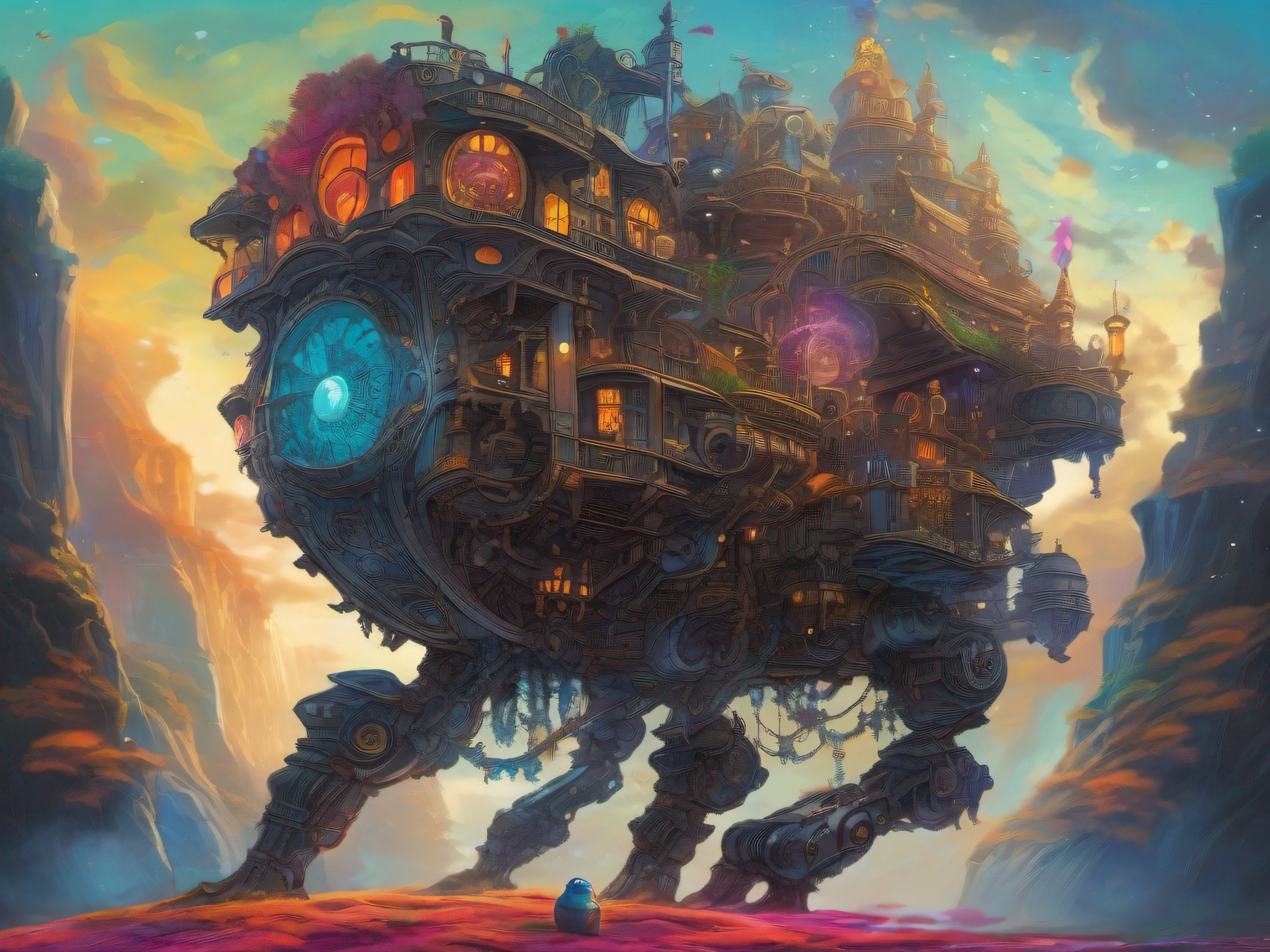 biomechanical moving castle creature, inspired by Miyazaki's "Howl's Moving Castle", with intricate clockwork mechanisms, glowing crystal structures, and floating platforms, surrounded by a vibrant, fantastical landscape.