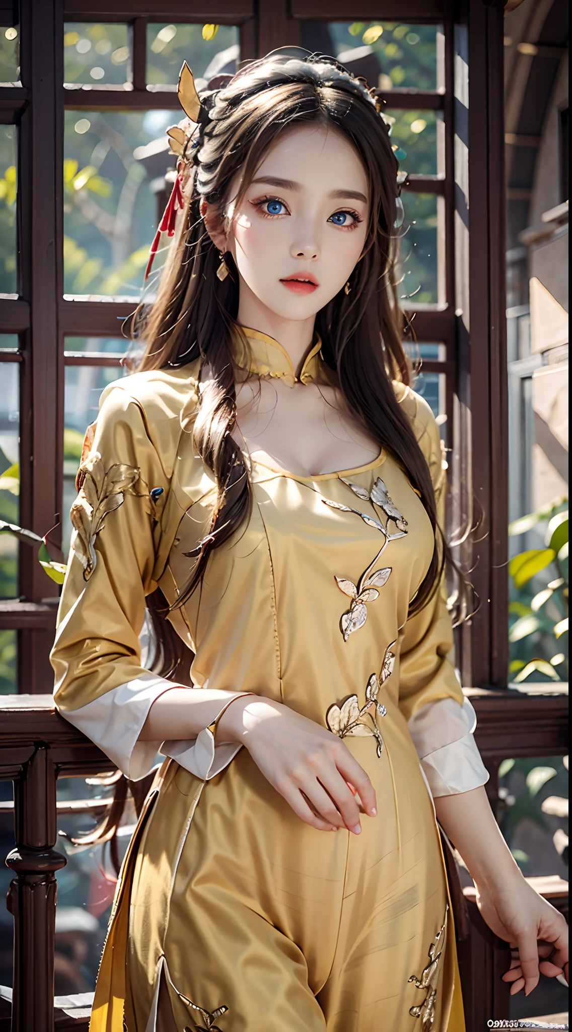 photorealistic, high resolution, soft lights, 1women, solo, hips up, (blue eyes, long hair), vietnamese traditional, yellow aodai