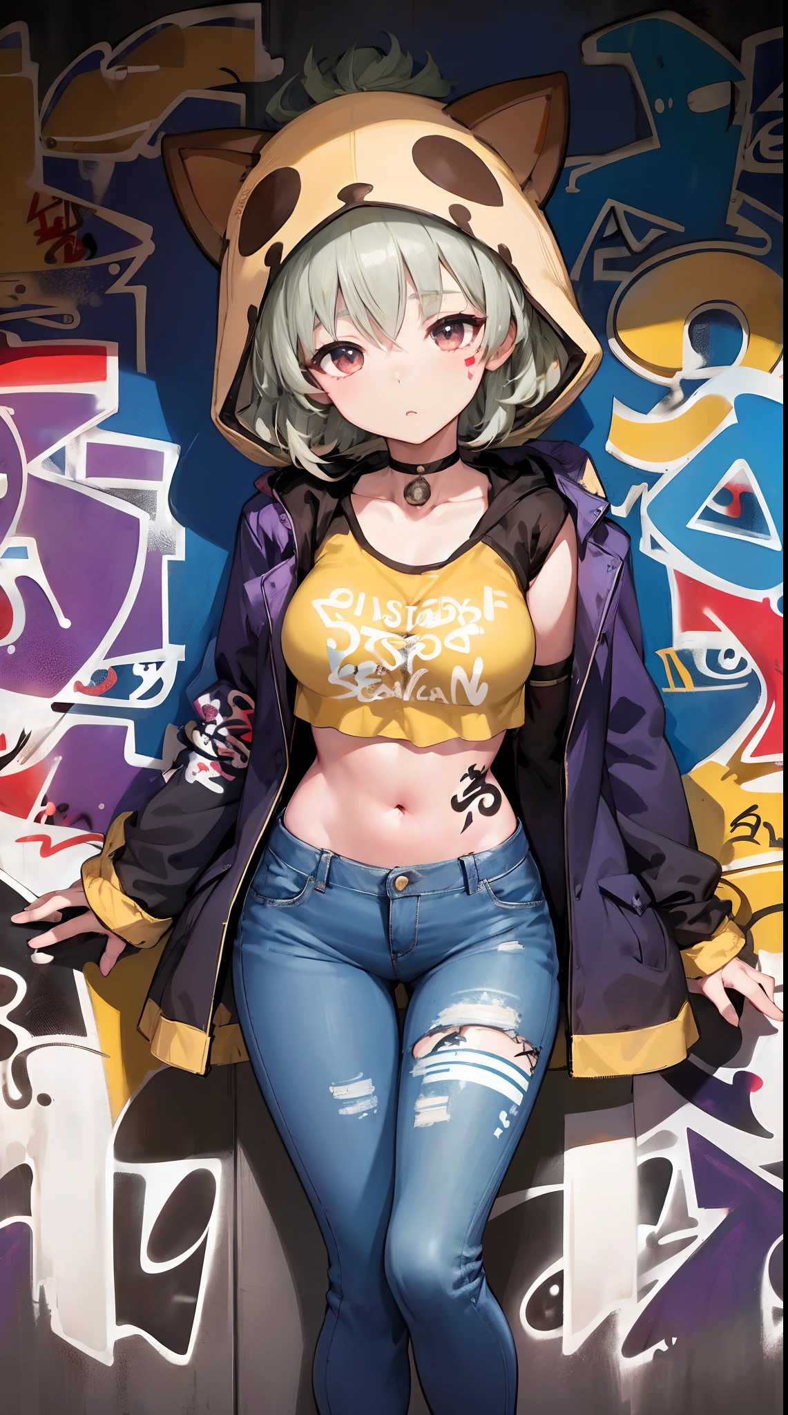 coat|genshin impact, master-piece, bestquality, 1girls,25 years old, proportional body, elongated legs, Beautiful, proportional., crop top, Long Jeans, mediuml breasts, ,bara, crop top, choker, (Graffiti:1.5), Splash with purple lightning pattern., arm behind back, against wall, View viewers from the front., Thigh strap, Head tilt, bored,(NSTDA.:1.2), (10, beste-Qualit, master-piece: 1.4), Beautiful red hair, ultra-high resolution, (lifelike, photorealistic portrait: 1.48), 20 age, Cute Girl, (Looking Through Crop Tops.), Famous Japanese actors, beautiful clear eyes, Head tilt, cowboy shot, from the front, looking at the audience, expressionless, Beautiful lake, Zeiss 150mm F/ 2.8 Hasselblad, Whole body, foot, Ultra-Wide Angle,
