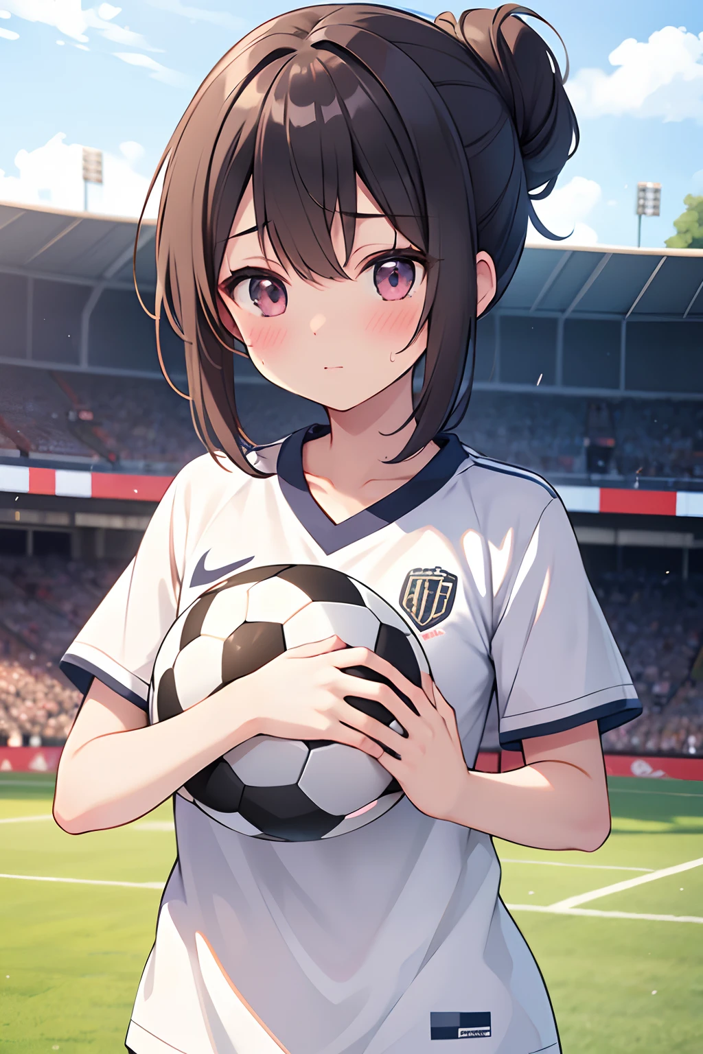 floating hair, light blush, during a match, sweat, half updo, outdoors, project a wide area, soccer, Catch a soccer ball with your chest, anime, anime style, 4K, textured skin, super detail, best quality, award winning