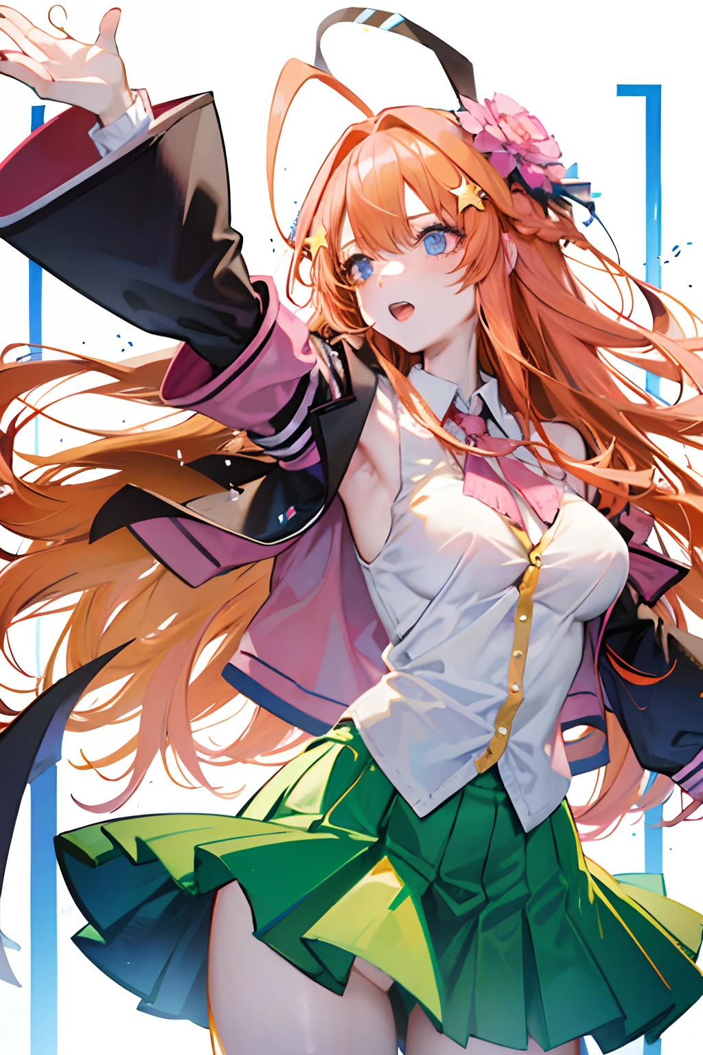 NSFW,show off nipple,White background,Cool pose,Beautiful breasts,Colossal tits,yellow star hair ornament on both left and right,2 stars,Wavy Hair, white shirt ,pinky red hair,Solo,girl,orange hair highlights,big bast,(Pink vest), Blue eyes ,{Black Blazer},Green skirt,floating, Ahoge,Top image quality,masutepiece