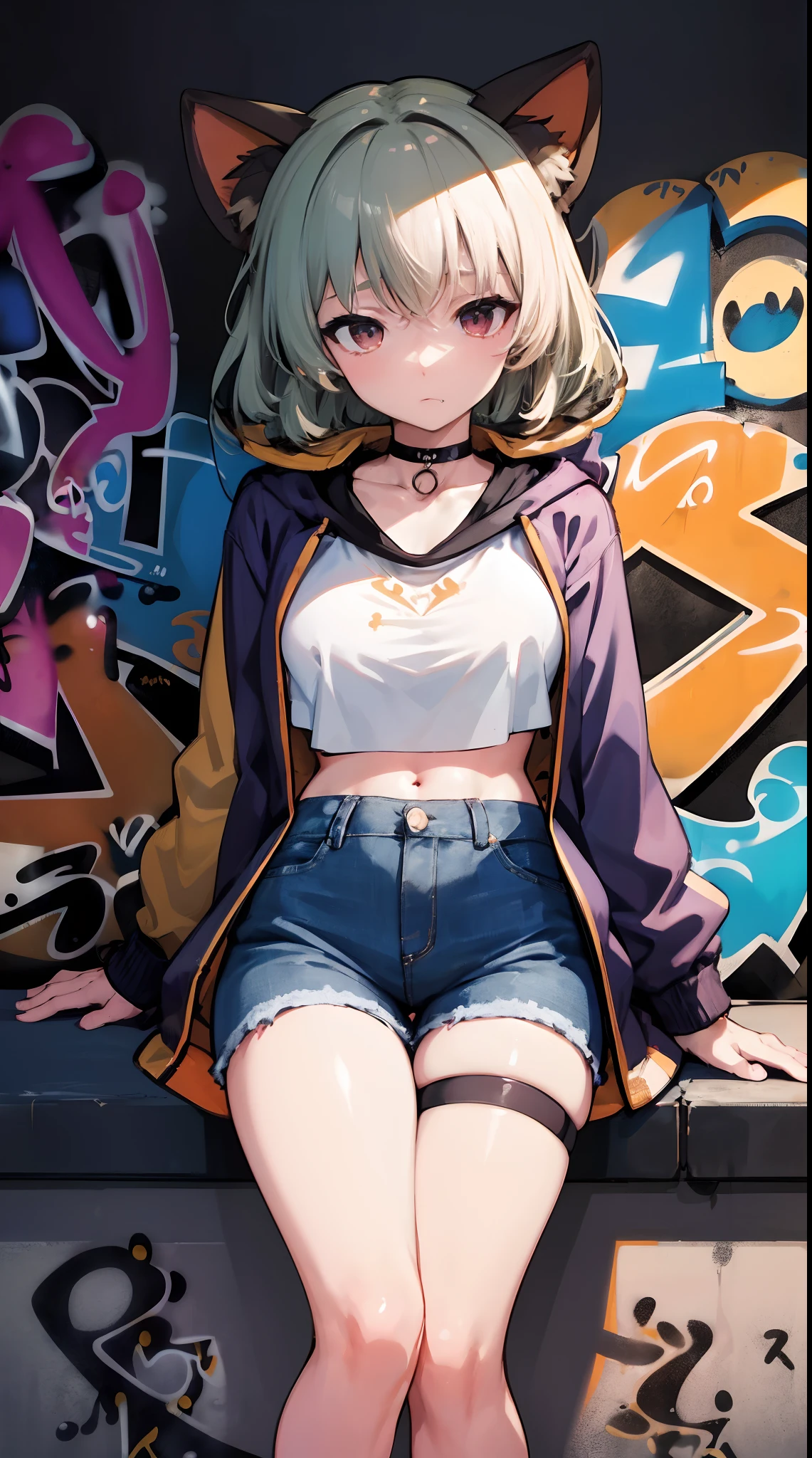 coat|genshin impact, master-piece, bestquality, 1girls,25 years old, proportional body, elongated legs, Beautiful, proportional., crop top, Long Jeans, mediuml breasts, ,bara, crop top, choker, (Graffiti:1.5), Splash with purple lightning pattern., arm behind back, against wall, View viewers from the front., Thigh strap, Head tilt, bored,(NSTDA.:1.2), (10, beste-Qualit, master-piece: 1.4), Beautiful red hair, ultra-high resolution, (lifelike, photorealistic portrait: 1.48), 20 age, Cute Girl, (Looking Through Crop Tops.), Famous Japanese actors, beautiful clear eyes, Head tilt, cowboy shot, from the front, looking at the audience, expressionless, Beautiful lake, Zeiss 150mm F/ 2.8 Hasselblad,  Whole body, foot, Ultra-Wide Angle,