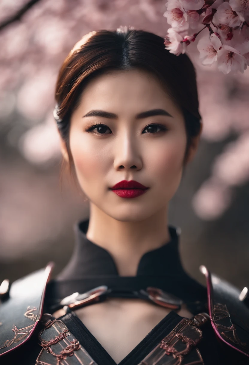 Beautiful Japan young woman, Wearing ninja armor made of papyrus, Thick symmetry features, Very short hair, Cherry blossoms in the background, Pink halo, Red lips, rendering by octane,