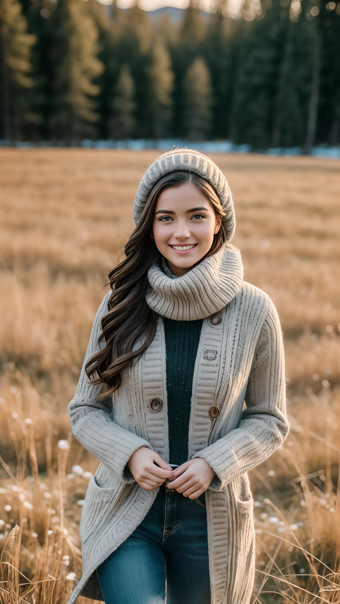 Hyper realistic and detailed full body photo of one young smiling beautiful woman walking on meadow. Winter. Snow. perfect eyes, (Eye makeup:1.1), (highly detailed skin:1.1), RAW, analog style, sharp focus, 8k UHD, DSLR, high quality, Fujifilm XT3, grain, award winning, masterpiece.