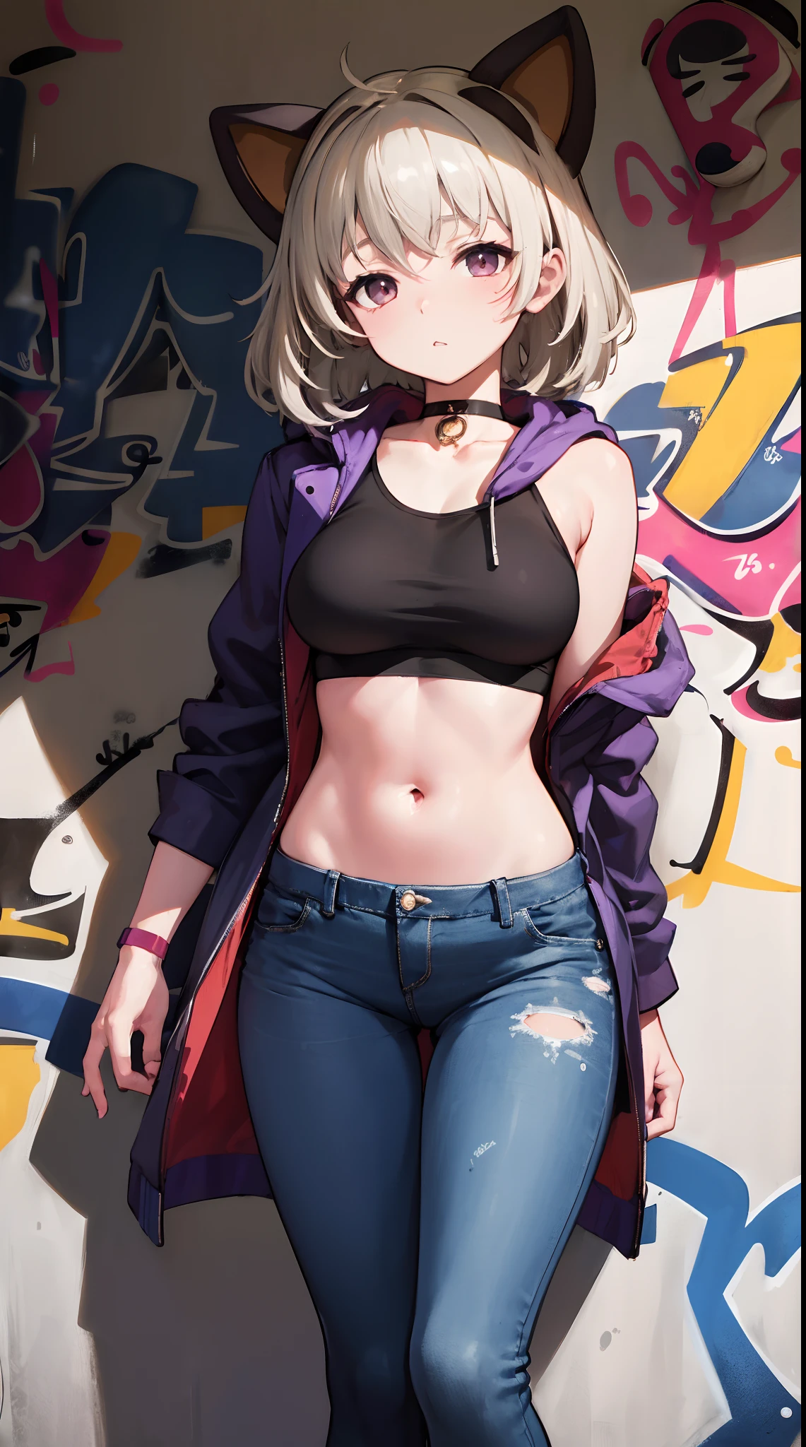 coat|genshin impact, master-piece, bestquality, 1girls,25 years old, proportional body, elongated legs, Beautiful, proportional., crop top, Long Jeans, mediuml breasts, ,bara, crop top, choker, (Graffiti:1.5), Splash with purple lightning pattern., arm behind back, against wall, View viewers from the front., Thigh strap, Head tilt, bored,(NSTDA.:1.2), (10, beste-Qualit, master-piece: 1.4), Beautiful red hair, ultra-high resolution, (lifelike, photorealistic portrait: 1.48), 20 age, Cute Girl, (Looking Through Crop Tops.), Famous Japanese actors, beautiful clear eyes, Head tilt, cowboy shot, from the front, looking at the audience, expressionless, Beautiful lake, Zeiss 150mm F/ 2.8 Hasselblad, Whole body, foot, Ultra-Wide Angle,