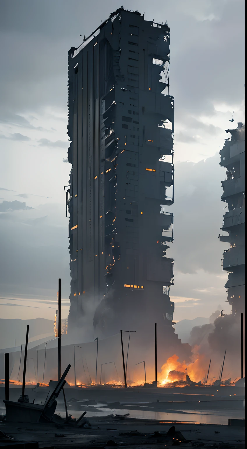 (best quality,4k,8k,highres,masterpiece:1.2),ultra-detailed,(realistic,photorealistic,photo-realistic:1.37),destroyed buildings on fire,hazy gray sky,distant view revealing chaos,playa in ruins,ominous atmosphere,smoke billowing from buildings,scattered debris and rubble,powerful flames engulfing structures,twisted metal beams and shattered windows,desolate landscape with a sense of destruction,effortlessly capturing the intensity of the scene,dramatic lighting accentuating the devastation,dramatic and gloomy imagery,post-apocalyptic setting,grey color palette with tones of despair,and a sense of impending doom.
